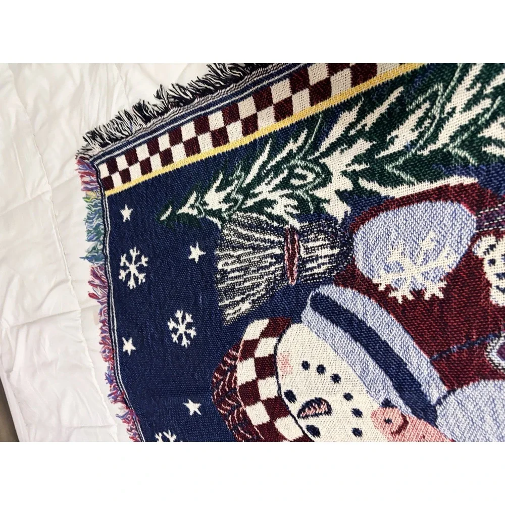 Vintage‎ Snowman Woven Tapestry Throw Blanket Afghan Christmas Fringe 48x38